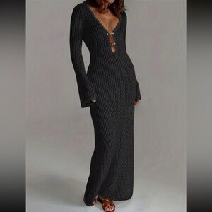 Trendy Black Flared Long Sleeve Knit Sweater Maxi Dress Mult. Sizes New